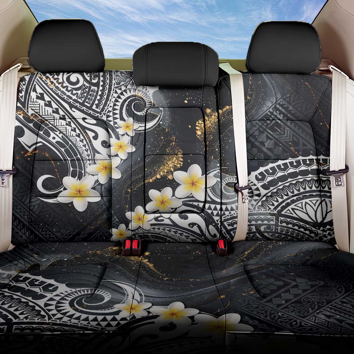Polynesian Tribal Tattoo Back Car Seat Cover Plumeria Black Gold Marble Pattern