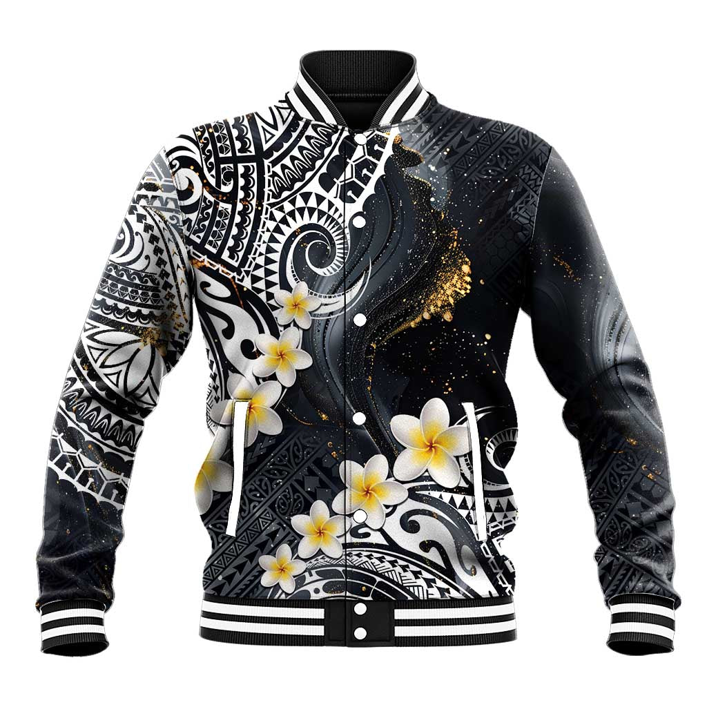 Polynesian Tribal Tattoo Baseball Jacket Plumeria Black Gold Marble Pattern