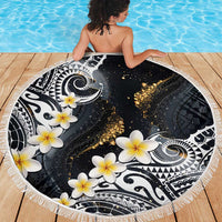 Polynesian Tribal Tattoo Beach Blanket Plumeria Black Gold Marble Pattern