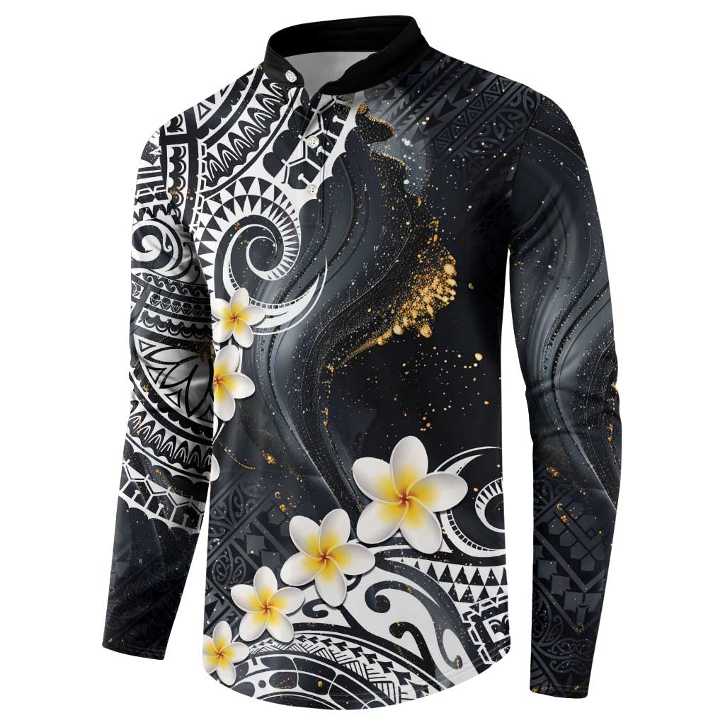 Polynesian Tribal Tattoo Button Sweatshirt Plumeria Black Gold Marble Pattern