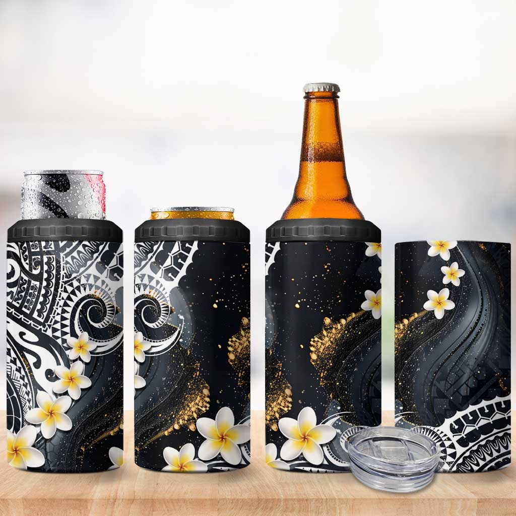 Polynesian Tribal Tattoo 4 in 1 Can Cooler Tumbler Plumeria Black Gold Marble Pattern