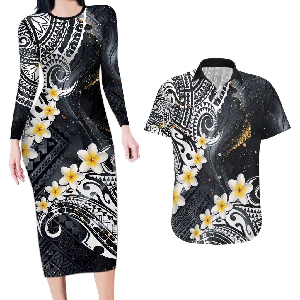 Polynesian Tribal Tattoo Couples Matching Long Sleeve Bodycon Dress and Hawaiian Shirt Plumeria Black Gold Marble Pattern