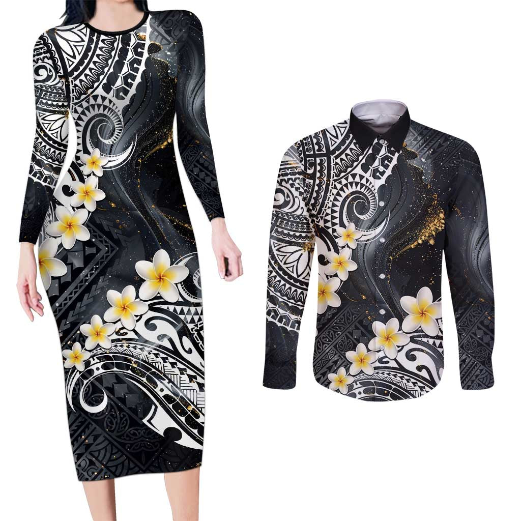 Polynesian Tribal Tattoo Couples Matching Long Sleeve Bodycon Dress and Long Sleeve Button Shirt Plumeria Black Gold Marble Pattern