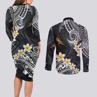 Polynesian Tribal Tattoo Couples Matching Long Sleeve Bodycon Dress and Long Sleeve Button Shirt Plumeria Black Gold Marble Pattern