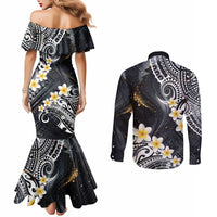 Polynesian Tribal Tattoo Couples Matching Mermaid Dress and Long Sleeve Button Shirt Plumeria Black Gold Marble Pattern