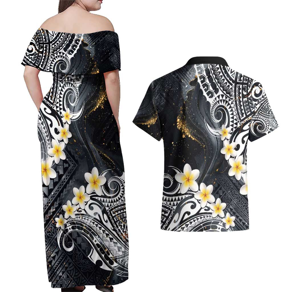 Polynesian Tribal Tattoo Couples Matching Off Shoulder Maxi Dress and Hawaiian Shirt Plumeria Black Gold Marble Pattern