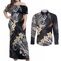 Polynesian Tribal Tattoo Couples Matching Off Shoulder Maxi Dress and Long Sleeve Button Shirt Plumeria Black Gold Marble Pattern LT9 Black - Polynesian Pride