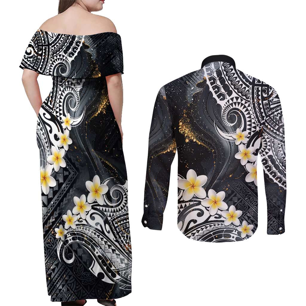 Polynesian Tribal Tattoo Couples Matching Off Shoulder Maxi Dress and Long Sleeve Button Shirt Plumeria Black Gold Marble Pattern LT9 - Polynesian Pride