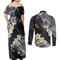 Polynesian Tribal Tattoo Couples Matching Off Shoulder Maxi Dress and Long Sleeve Button Shirt Plumeria Black Gold Marble Pattern LT9 - Polynesian Pride