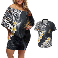 Polynesian Tribal Tattoo Couples Matching Off Shoulder Short Dress and Hawaiian Shirt Plumeria Black Gold Marble Pattern