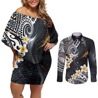 Polynesian Tribal Tattoo Couples Matching Off Shoulder Short Dress and Long Sleeve Button Shirt Plumeria Black Gold Marble Pattern