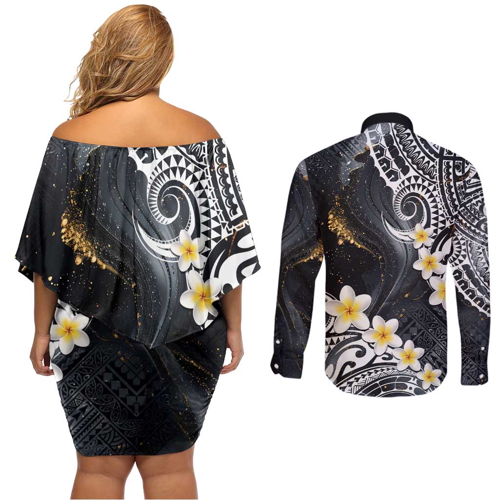 Polynesian Tribal Tattoo Couples Matching Off Shoulder Short Dress and Long Sleeve Button Shirt Plumeria Black Gold Marble Pattern