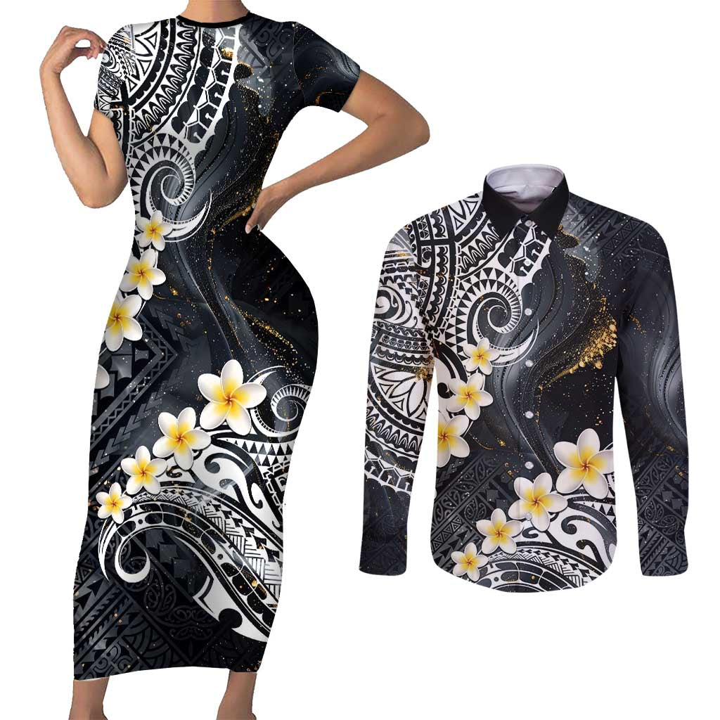 Polynesian Tribal Tattoo Couples Matching Short Sleeve Bodycon Dress and Long Sleeve Button Shirt Plumeria Black Gold Marble Pattern