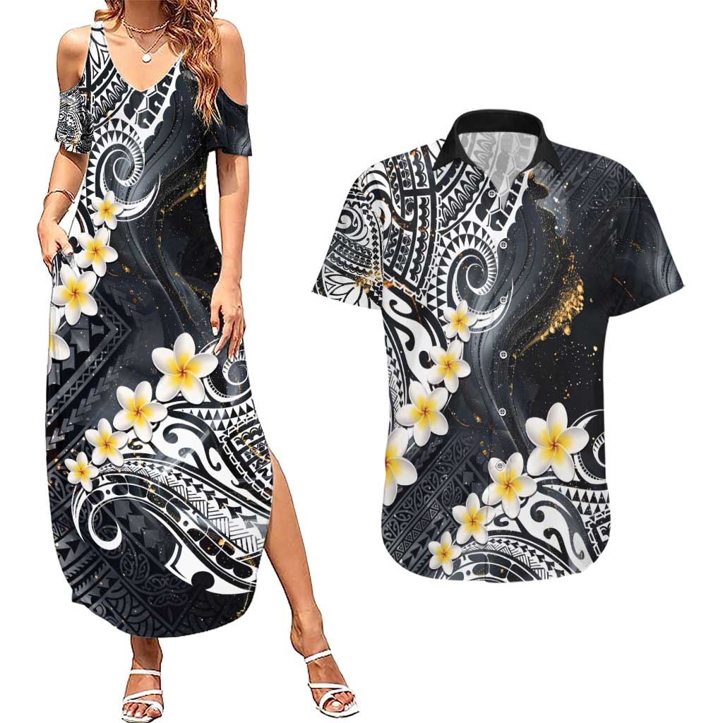 Polynesian Tribal Tattoo Couples Matching Summer Maxi Dress and Hawaiian Shirt Plumeria Black Gold Marble Pattern