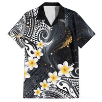 Polynesian Tribal Tattoo Family Matching Off The Shoulder Long Sleeve Dress and Hawaiian Shirt Plumeria Black Gold Marble Pattern