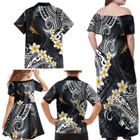 Polynesian Tribal Tattoo Family Matching Off Shoulder Maxi Dress and Hawaiian Shirt Plumeria Black Gold Marble Pattern