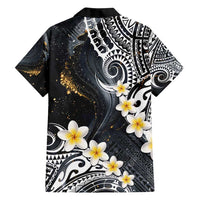 Polynesian Tribal Tattoo Family Matching Off Shoulder Maxi Dress and Hawaiian Shirt Plumeria Black Gold Marble Pattern