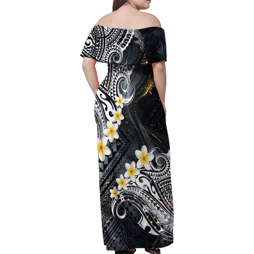 Polynesian Tribal Tattoo Family Matching Off Shoulder Maxi Dress and Hawaiian Shirt Plumeria Black Gold Marble Pattern