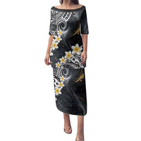 Polynesian Tribal Tattoo Family Matching Puletasi and Hawaiian Shirt Plumeria Black Gold Marble Pattern