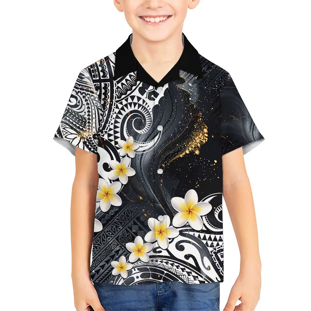 Polynesian Tribal Tattoo Family Matching Short Sleeve Bodycon Dress and Hawaiian Shirt Plumeria Black Gold Marble Pattern