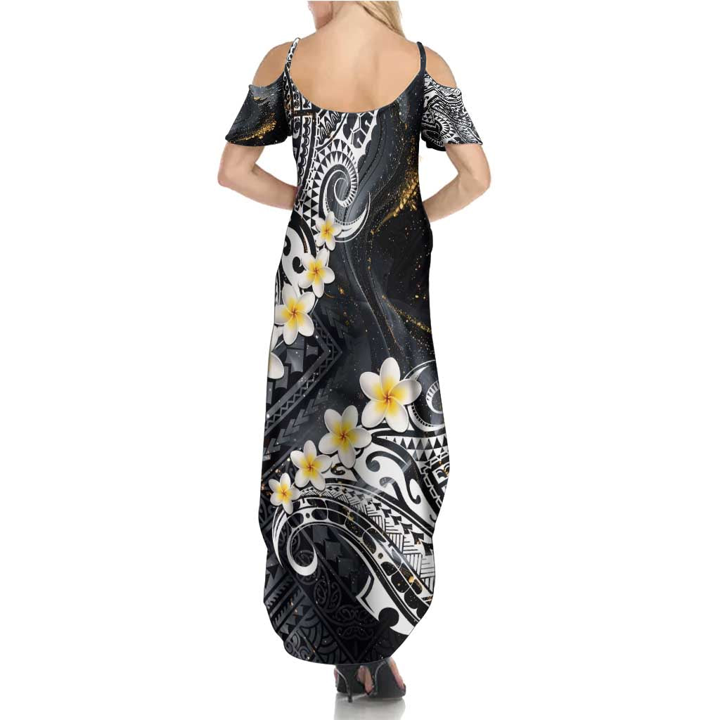 Polynesian Tribal Tattoo Family Matching Summer Maxi Dress and Hawaiian Shirt Plumeria Black Gold Marble Pattern