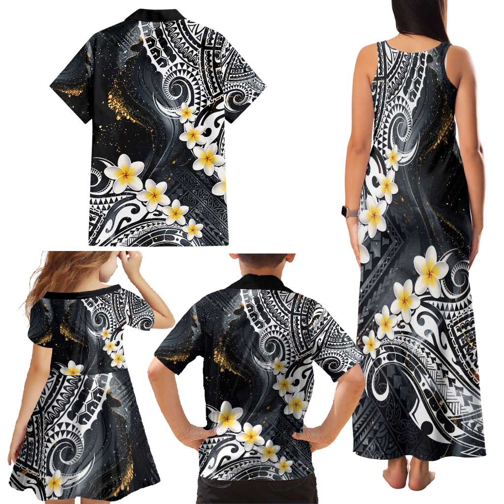 Polynesian Tribal Tattoo Family Matching Tank Maxi Dress and Hawaiian Shirt Plumeria Black Gold Marble Pattern