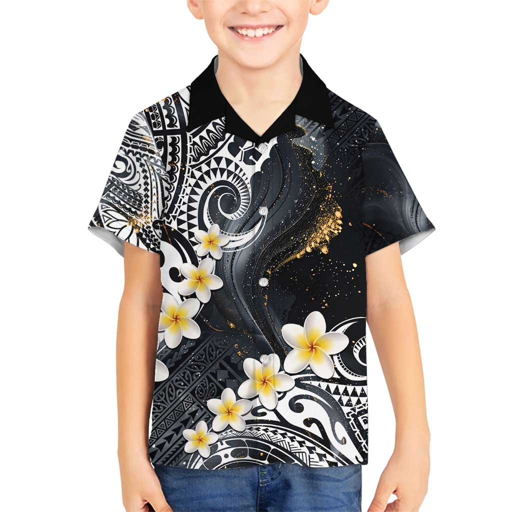 Polynesian Tribal Tattoo Family Matching Tank Maxi Dress and Hawaiian Shirt Plumeria Black Gold Marble Pattern