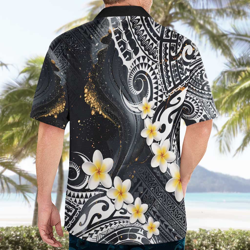 Polynesian Tribal Tattoo Hawaiian Shirt Plumeria Black Gold Marble Pattern