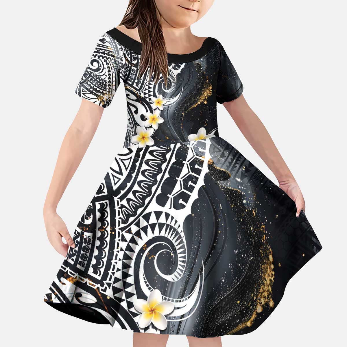 Polynesian Tribal Tattoo Kid Short Sleeve Dress Plumeria Black Gold Marble Pattern