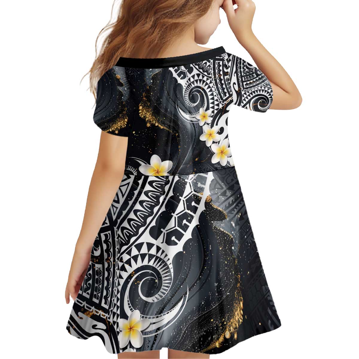 Polynesian Tribal Tattoo Kid Short Sleeve Dress Plumeria Black Gold Marble Pattern