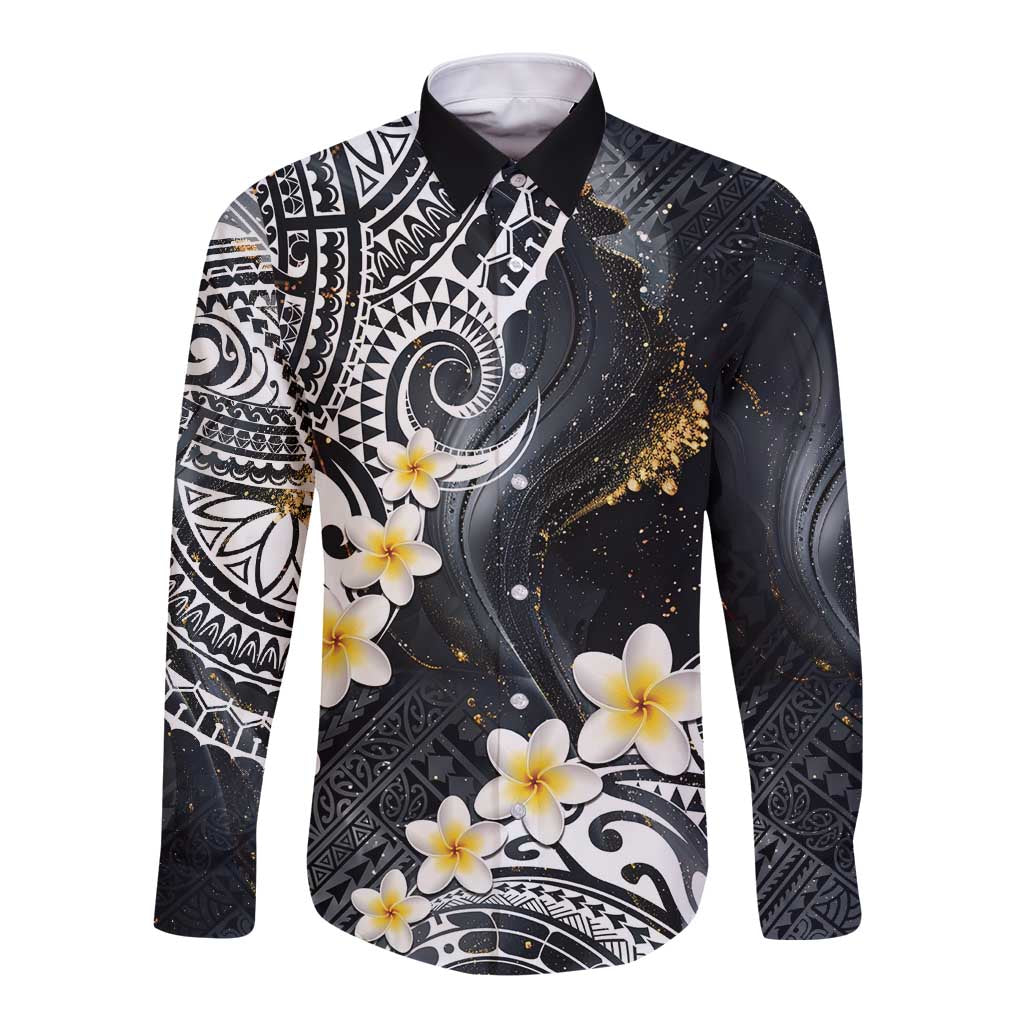 Polynesian Tribal Tattoo Long Sleeve Button Shirt Plumeria Black Gold Marble Pattern