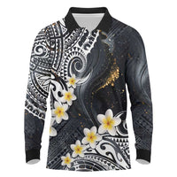 Polynesian Tribal Tattoo Long Sleeve Polo Shirt Plumeria Black Gold Marble Pattern LT9 Black - Polynesian Pride