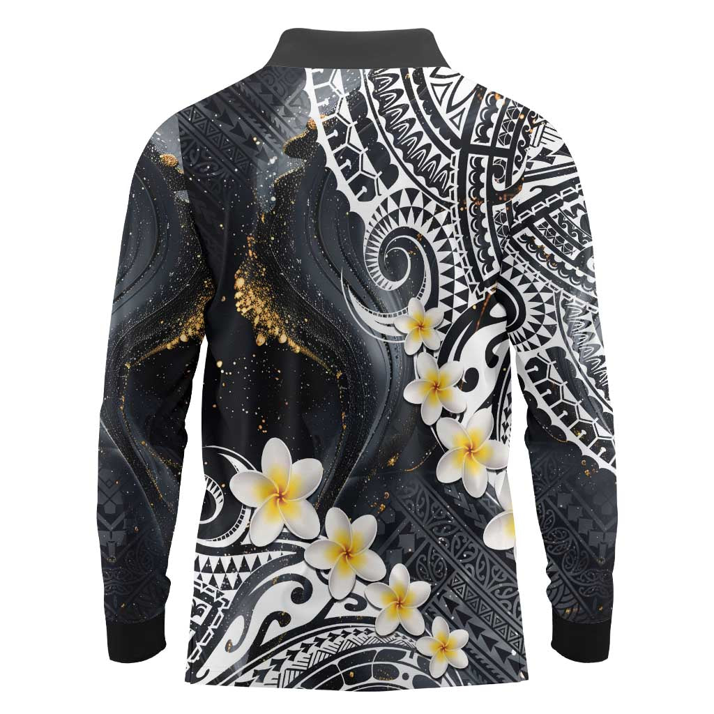 Polynesian Tribal Tattoo Long Sleeve Polo Shirt Plumeria Black Gold Marble Pattern LT9 - Polynesian Pride