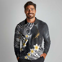 Polynesian Tribal Tattoo Long Sleeve Polo Shirt Plumeria Black Gold Marble Pattern LT9 - Polynesian Pride