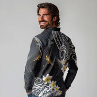 Polynesian Tribal Tattoo Long Sleeve Polo Shirt Plumeria Black Gold Marble Pattern LT9 - Polynesian Pride