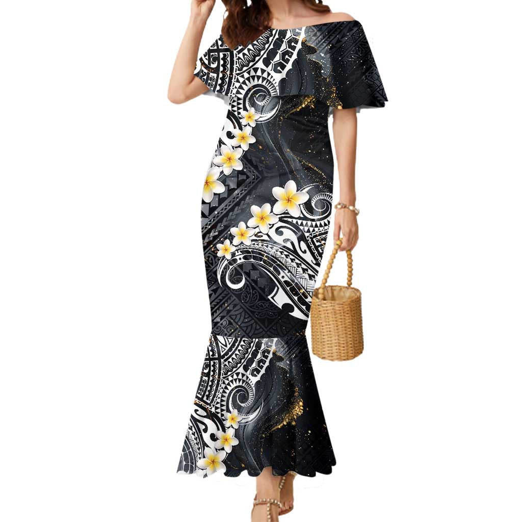 Polynesian Tribal Tattoo Mermaid Dress Plumeria Black Gold Marble Pattern