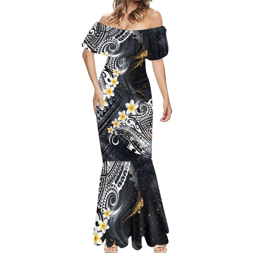 Polynesian Tribal Tattoo Mermaid Dress Plumeria Black Gold Marble Pattern LT9 - Polynesian Pride