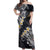 Polynesian Tribal Tattoo Off Shoulder Maxi Dress Plumeria Black Gold Marble Pattern