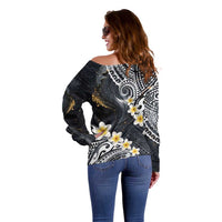 Polynesian Tribal Tattoo Off Shoulder Sweater Plumeria Black Gold Marble Pattern