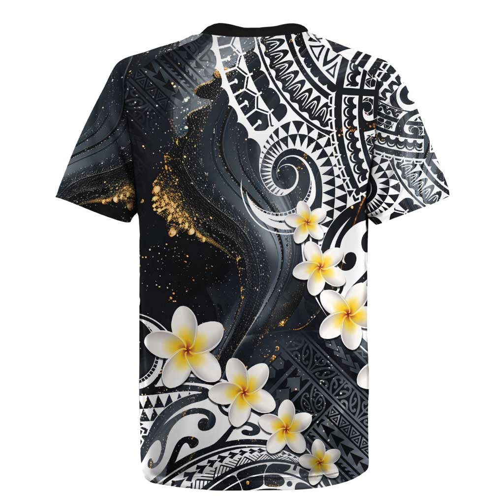 Polynesian Tribal Tattoo Rugby Jersey Plumeria Black Gold Marble Pattern