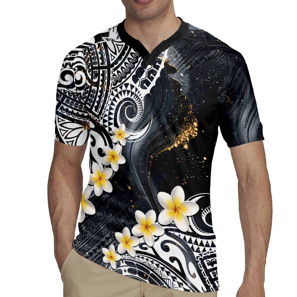 Polynesian Tribal Tattoo Rugby Jersey Plumeria Black Gold Marble Pattern