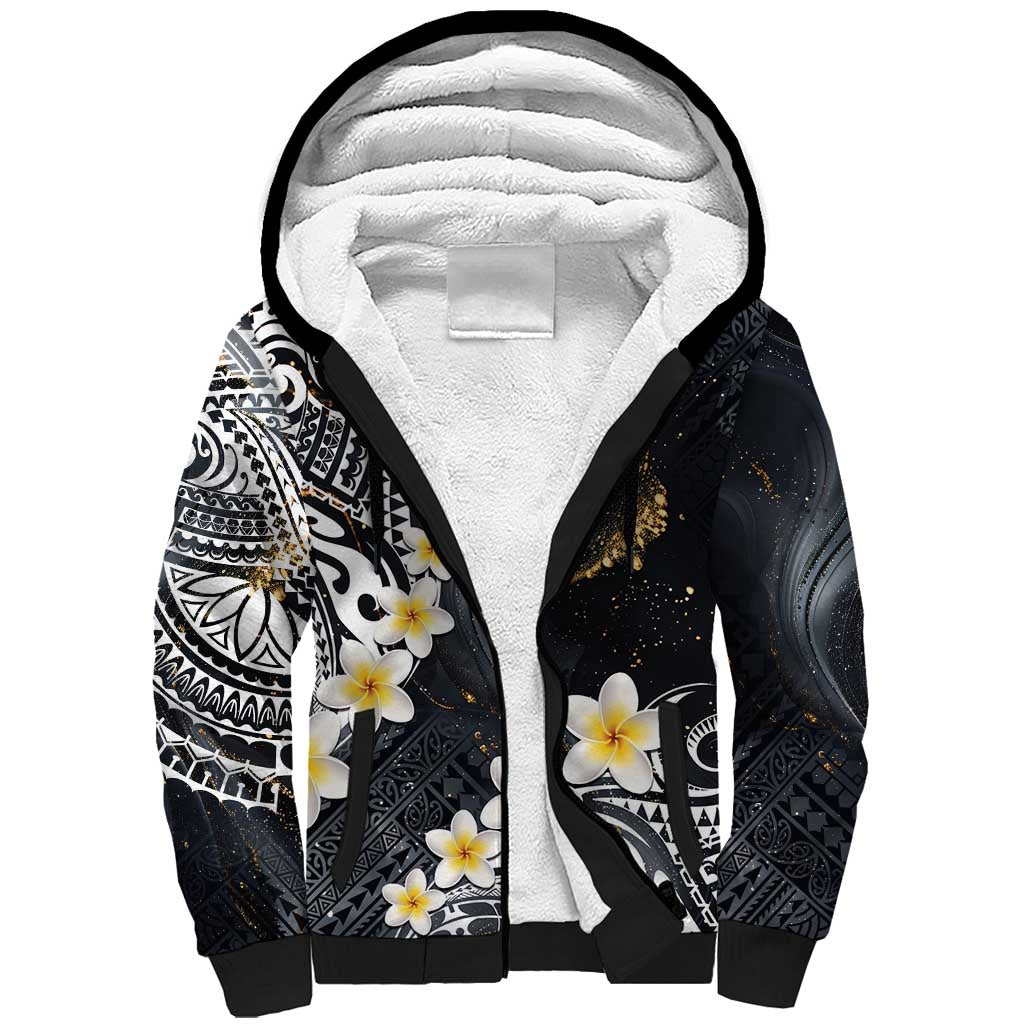 Polynesian Tribal Tattoo Sherpa Hoodie Plumeria Black Gold Marble Pattern