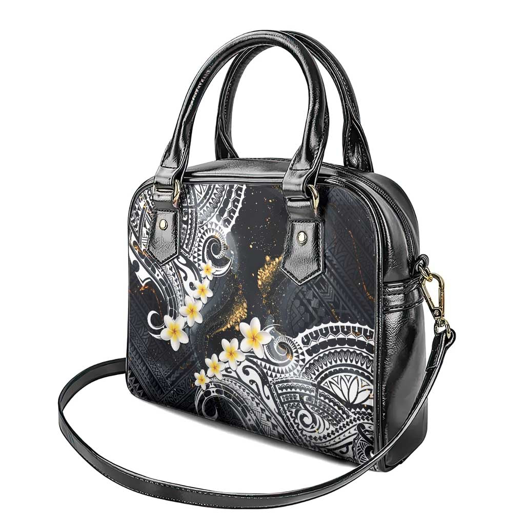 Polynesian Tribal Tattoo Shoulder Handbag Plumeria Black Gold Marble Pattern