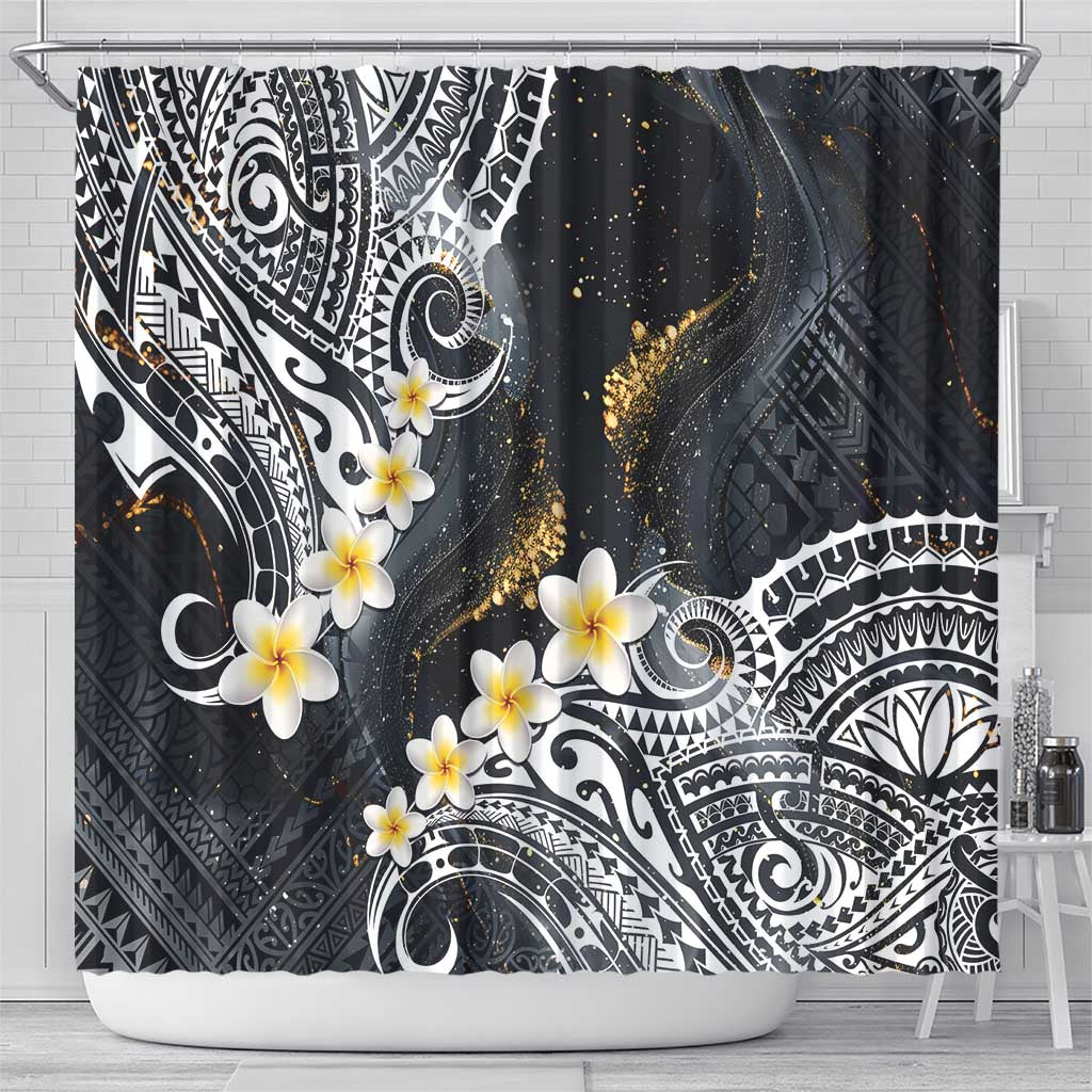 Polynesian Tribal Tattoo Shower Curtain Plumeria Black Gold Marble Pattern