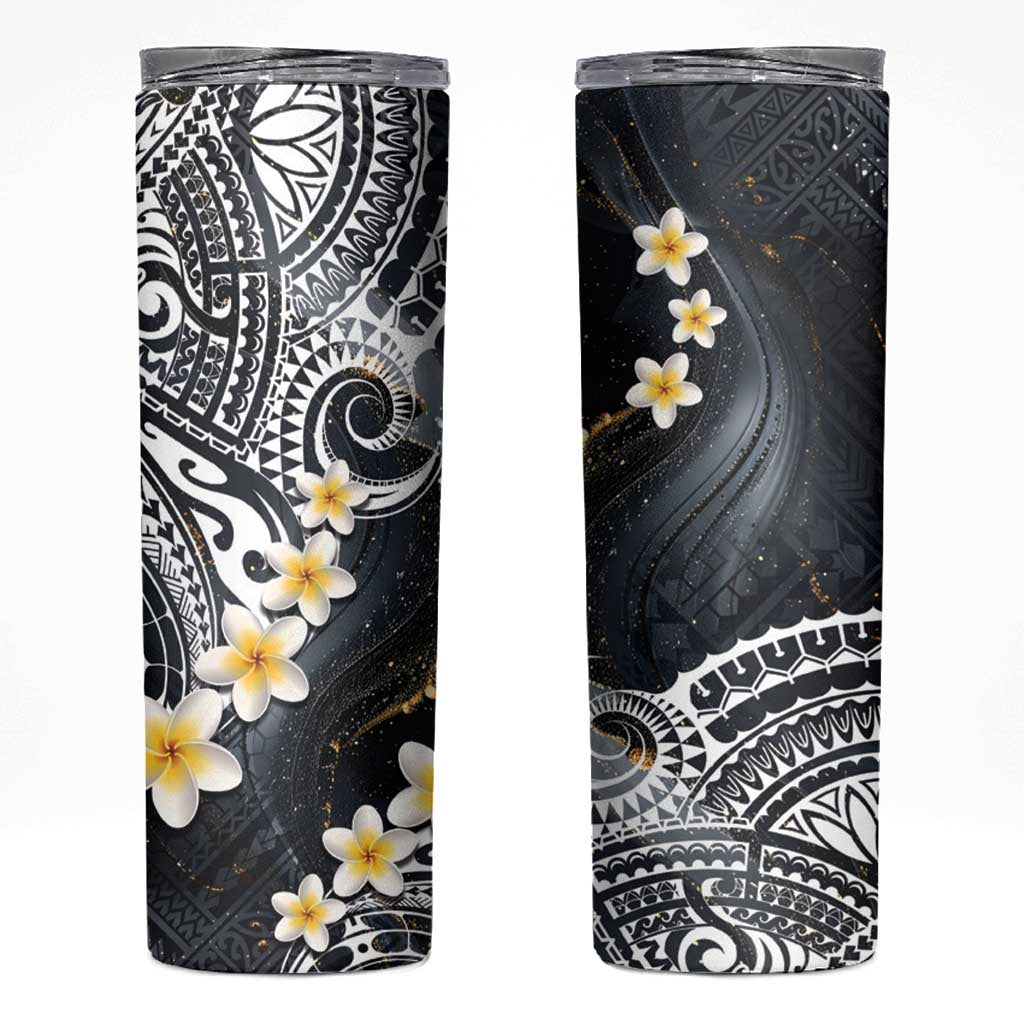 Polynesian Tribal Tattoo Skinny Tumbler Plumeria Black Gold Marble Pattern