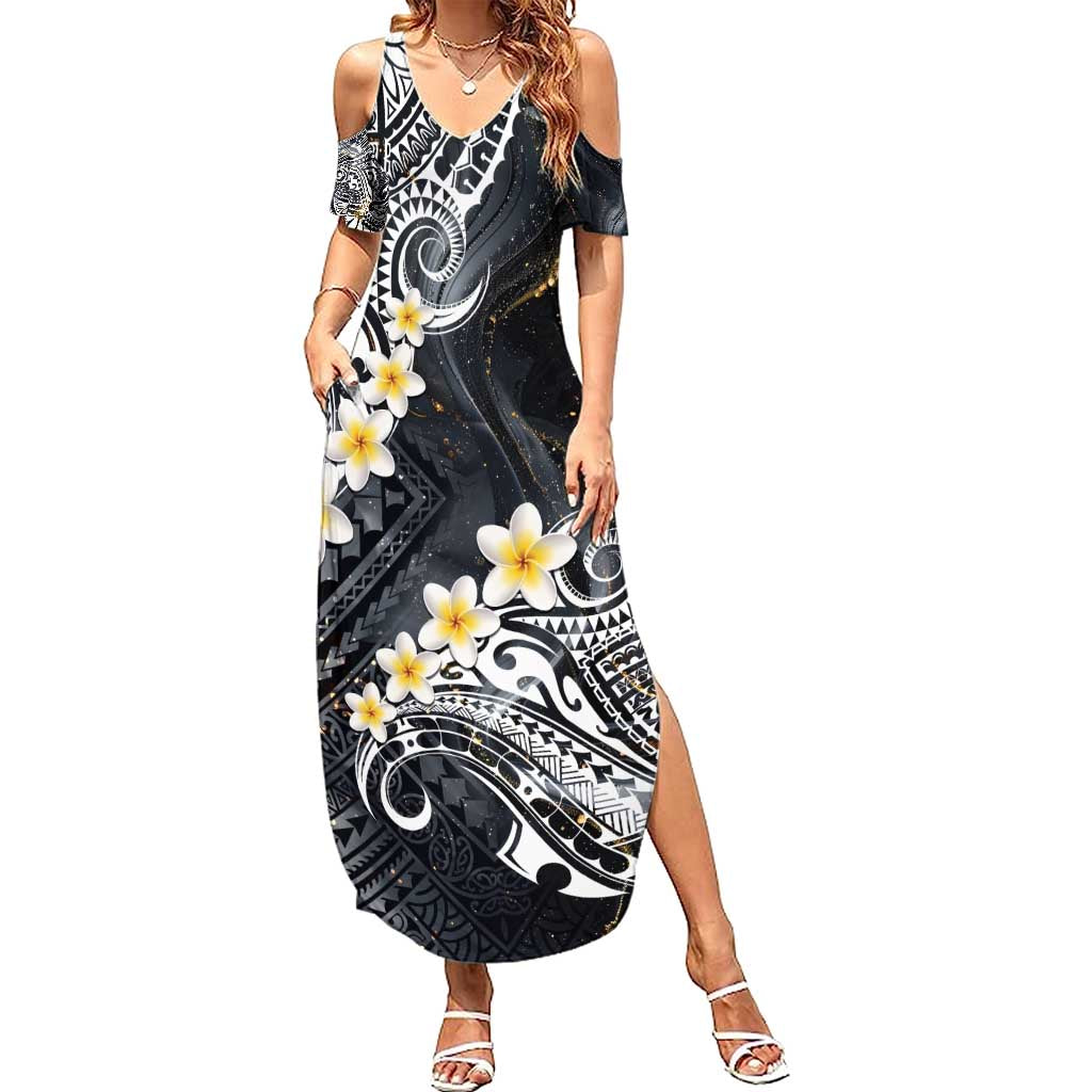 Polynesian Tribal Tattoo Summer Maxi Dress Plumeria Black Gold Marble Pattern