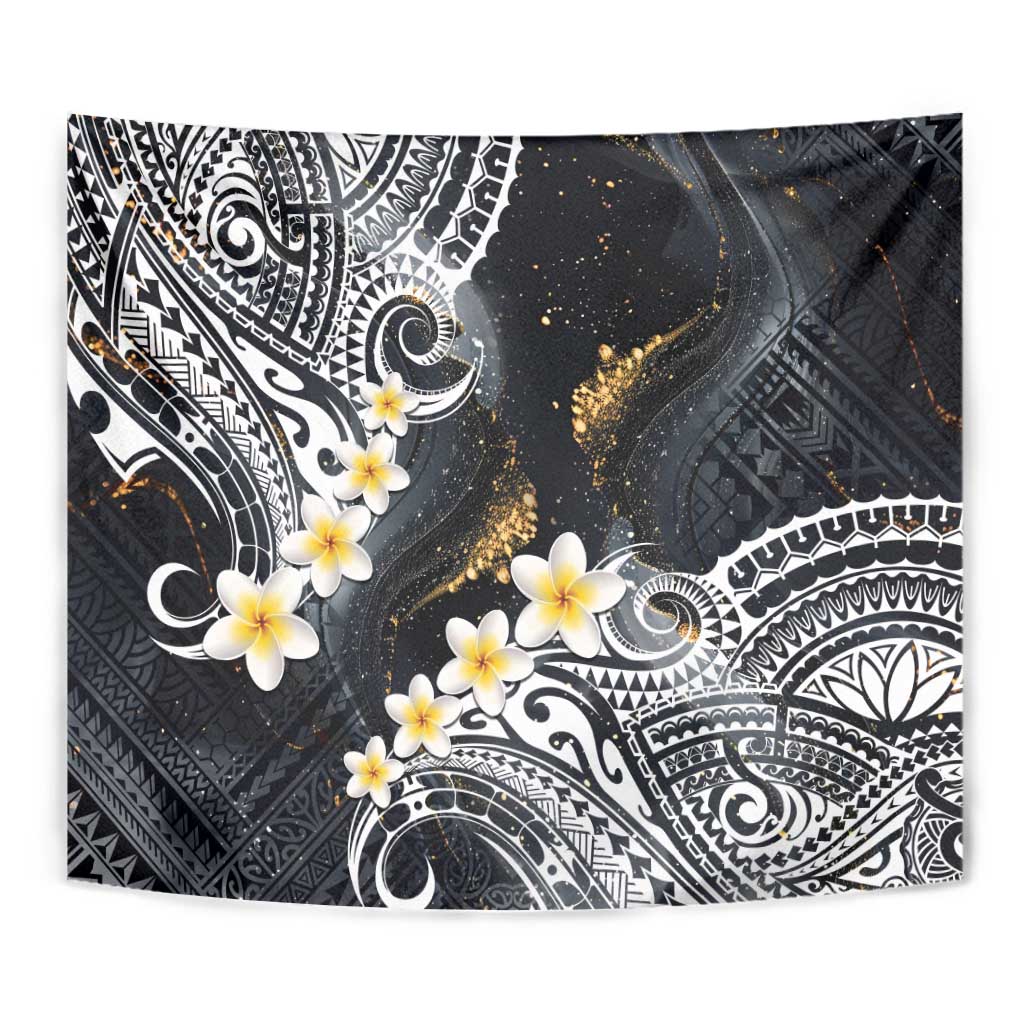 Polynesian Tribal Tattoo Tapestry Plumeria Black Gold Marble Pattern