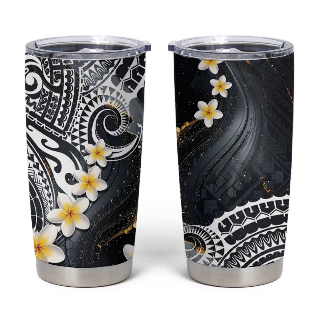 Polynesian Tribal Tattoo Tumbler Cup Plumeria Black Gold Marble Pattern