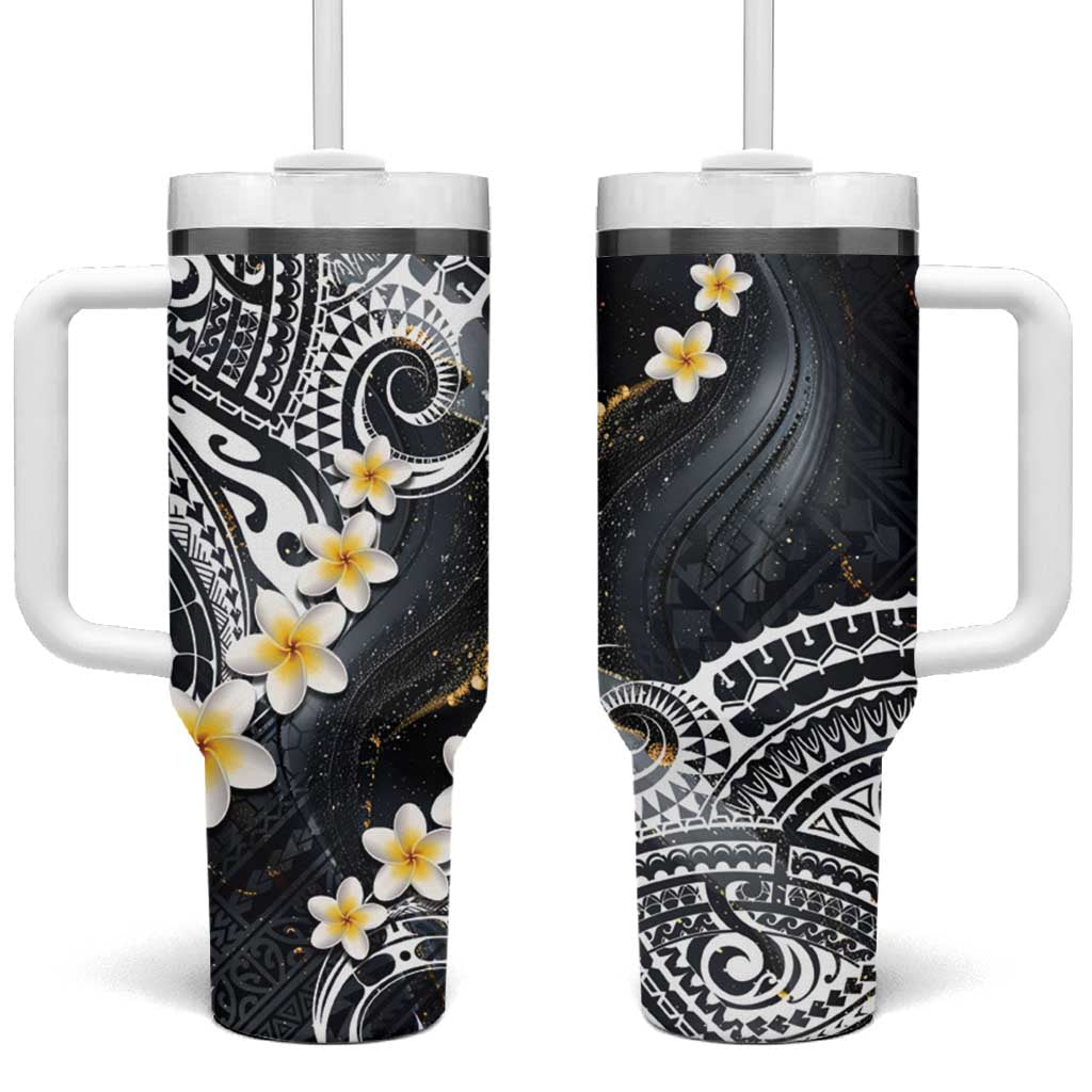 Polynesian Tribal Tattoo Tumbler With Handle Plumeria Black Gold Marble Pattern