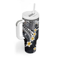 Polynesian Tribal Tattoo Tumbler With Handle Plumeria Black Gold Marble Pattern